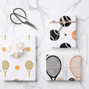 Tennis Star Oranje en Black Racket Ball-patronen Inpakpapier Vel