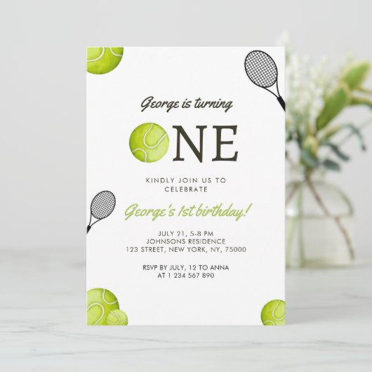 Tennis Theme Kind's 1e verjaardagsuitnodiging Save The Date (Staand voorkant)