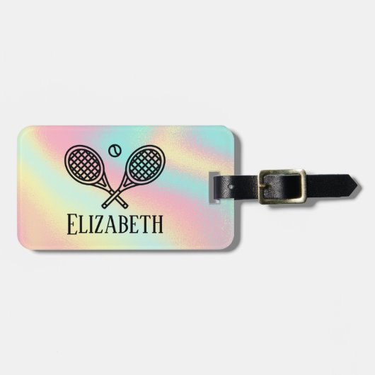 Tennis Theme Pink Modern Retro Monogramnaam Bagagelabel (Voorkant horizontaal)