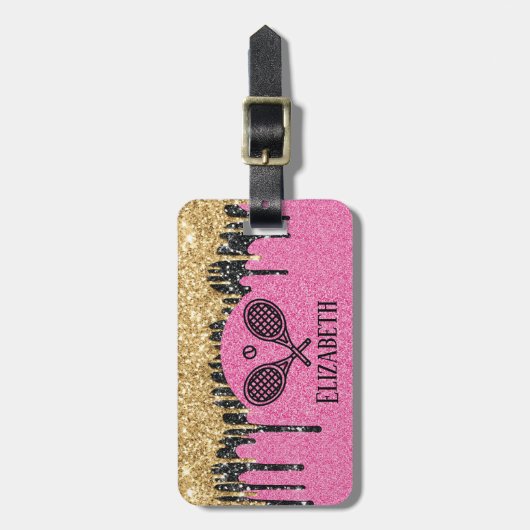 Tennis Theme Roze Glitter Sparkle Monogramname Nam Bagagelabel (Voorkant verticaal)