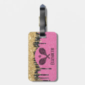 Tennis Theme Roze Glitter Sparkle Monogramname Nam Bagagelabel (Achterkant verticaal)