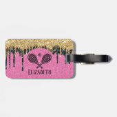Tennis Theme Roze Glitter Sparkle Monogramname Nam Bagagelabel (Achterkant horizontaal)