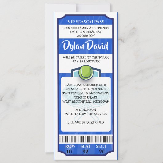 TENNIS TICKET Bar Mitswa Uitnodiging (Voorkant)