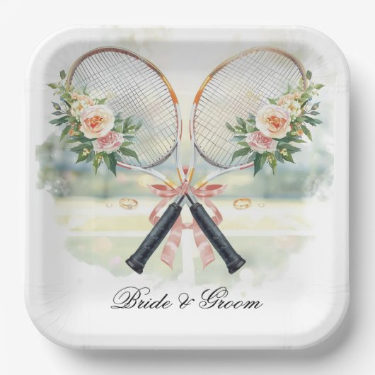 Tennis trouwracket met bloem bruid & bruidegom papieren bordje (Voorkant)