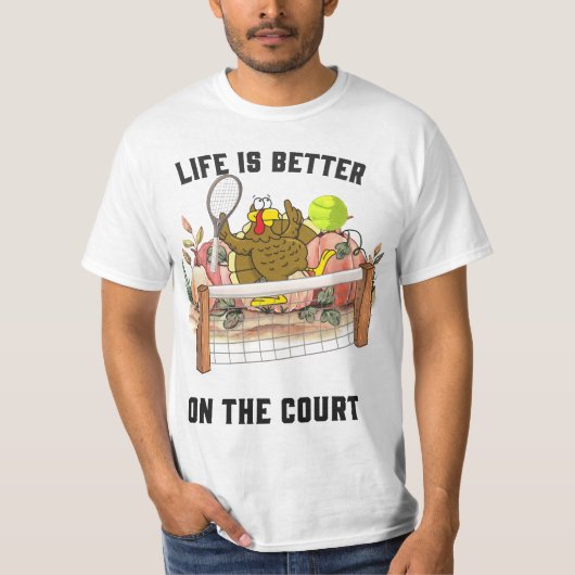 Tennis Turkey Thanksgiving grappige cartoon schatt T-shirt (Voorkant)