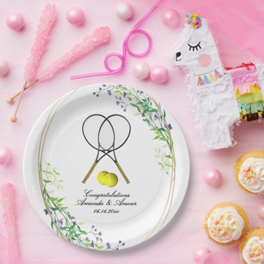 Tennis verdubbelt bruiloft 3 tekstregels papieren bordje (Feest)