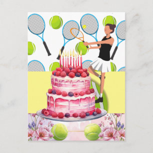 Tennis verjaardag met vrouwelijke speler en bloem  briefkaart