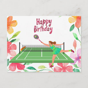 Tennis verjaardag met vrouwelijke speler en bloem  briefkaart