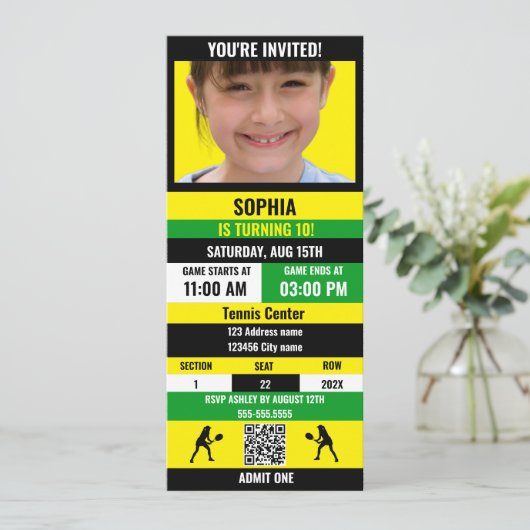 Tennis Verjaardag Party Ticket (Geel/Groen/Zwart) Kaart (Staand voorkant)