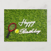 Tennis verjaardagskaart met racket en bal op groen briefkaart (Voorkant)