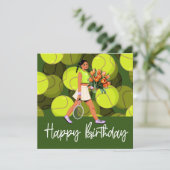 Tennis verjaardagskaart met vrouwelijke speler  kaart (Staand voorkant)