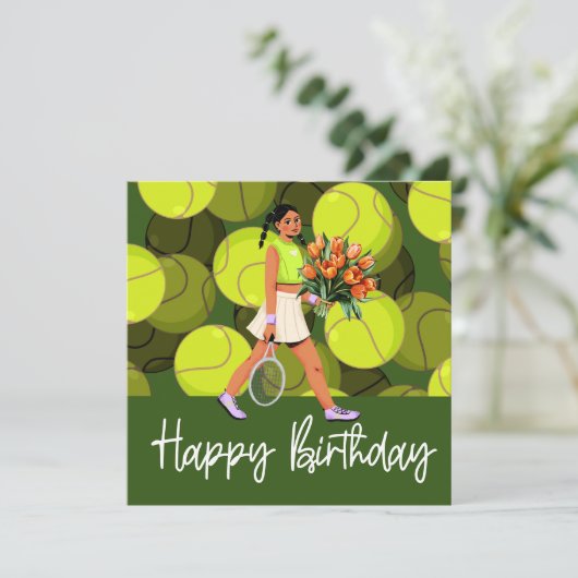 Tennis verjaardagskaart met vrouwelijke speler  kaart (Staand voorkant)