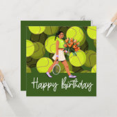 Tennis verjaardagskaart met vrouwelijke speler  kaart (Voorkant / Achterkant in situ)