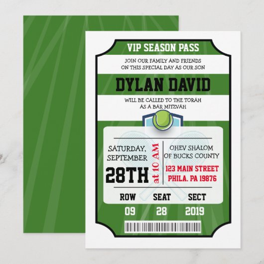 TENNIS VIP TICKET Bar/Bat Mitzvah Uitnodiging (Voorkant / Achterkant)