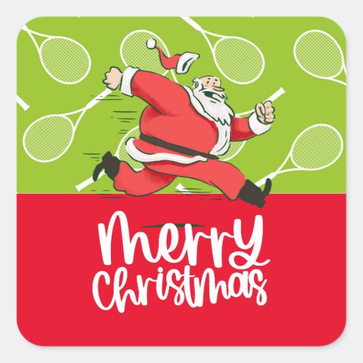 Tennis Vrolijk Kerstfeest met tennisbal en Kerstma Vierkante Sticker (Voorkant)