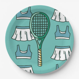 Tennis vrouw jurk racket op groen papieren bordje