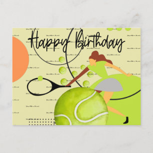 Tennis-vrouw speelt Happy Birthday op geel Briefkaart