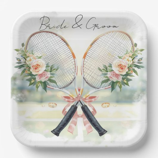 Tennis Wedding Racket with Flower Bride & Groom Papieren Bordje (Voorkant)