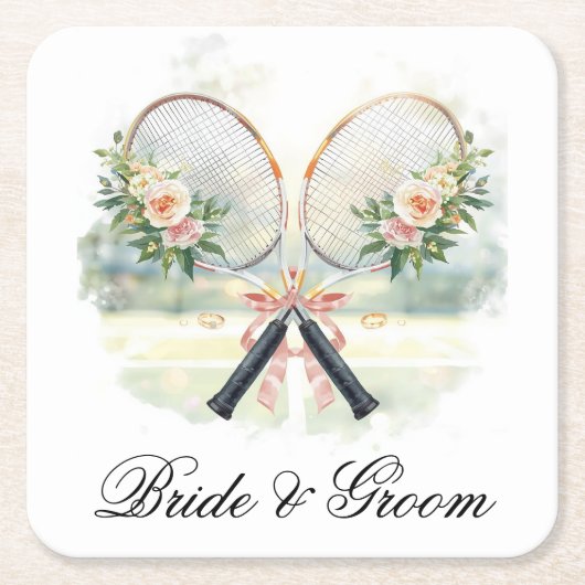 Tennis Wedding Racket with Flowers Bride & Groom  Kartonnen Onderzetters (Voorkant)