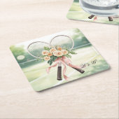 Tennis Wedding Racket with Flowers Bride & Groom  Kartonnen Onderzetters (Schuin)