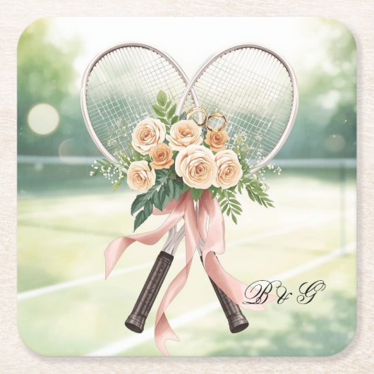 Tennis Wedding Racket with Flowers Bride & Groom  Kartonnen Onderzetters (Voorkant)