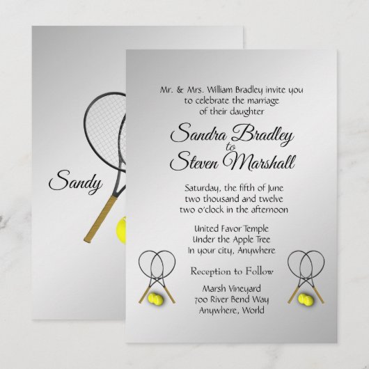 Tennis Wedding Theme Silver Invitations Kaart (Voorkant / Achterkant)