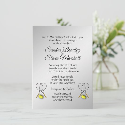 Tennis Wedding Theme Silver Invitations Kaart (Staand voorkant)
