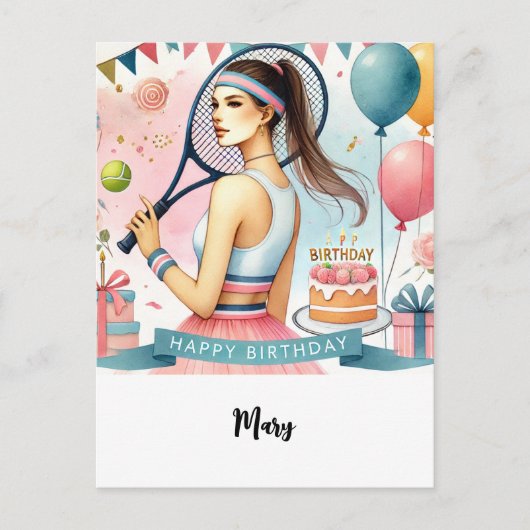 Tennis Woman Player met Happy Birthday-woord Briefkaart (Voorkant)