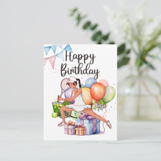 Tennis Woman Player met Happy Birthday-woord Briefkaart (Staand voorkant)