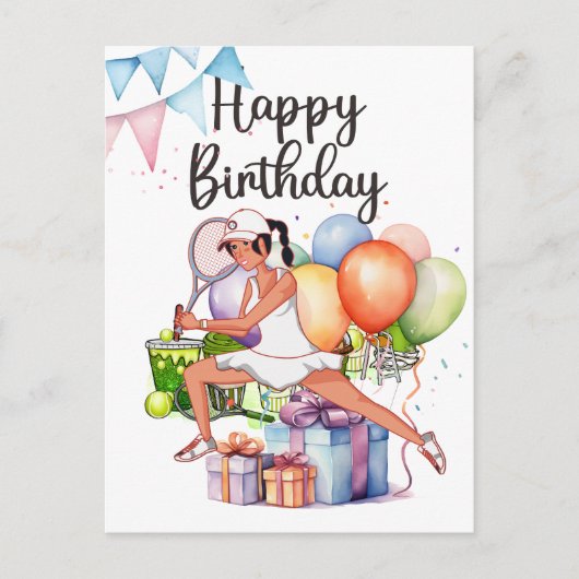 Tennis Woman Player met Happy Birthday-woord Briefkaart (Voorkant)