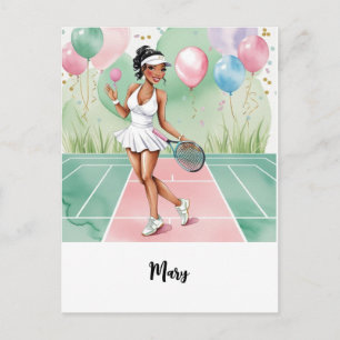 Tennis Woman Player met Happy Birthday-woord Briefkaart