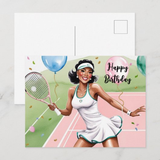 Tennis Woman Player met Happy Birthday-woord Briefkaart (Voorkant / Achterkant)