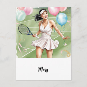 Tennis Woman Player met Happy Birthday-woord Briefkaart