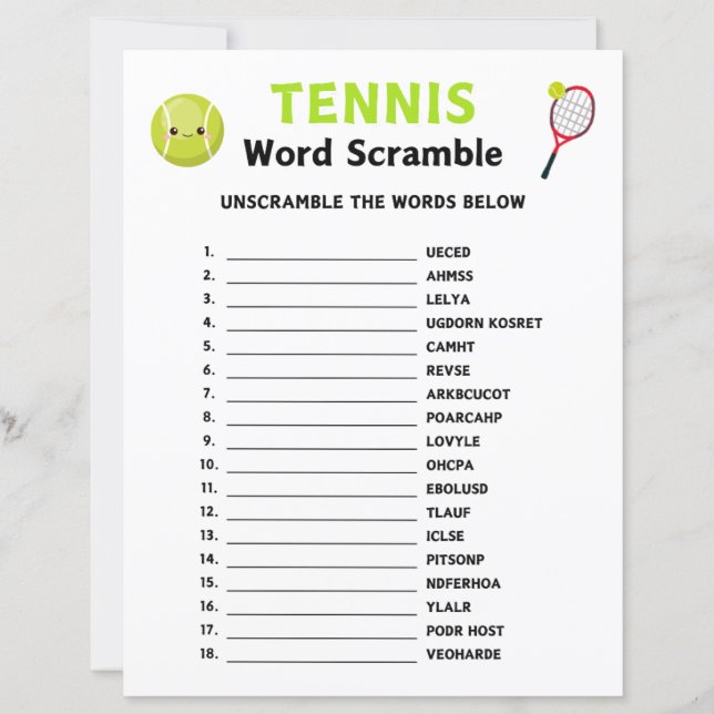 Tennis Word Scramble spel (Voorkant)