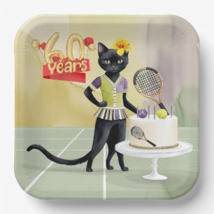Tennis Zwarte Kat 60ste Verjaardagsfeest met Taart Papieren Bordje