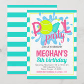 Tennis zwembadfeest verjaardagsuitnodiging kaart (Voorkant / Achterkant)