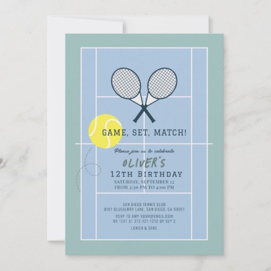 Tennisbaan Racquet Blauw Jongen Verjaardag Kaart (Voorkant)