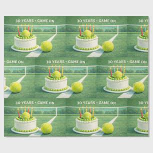Tennisbal 30e verjaardag en taart op groen cadeaupapier