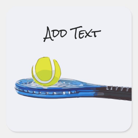 Tennisbal en blauw racket op witte achtergrond vierkante sticker (Voorkant)