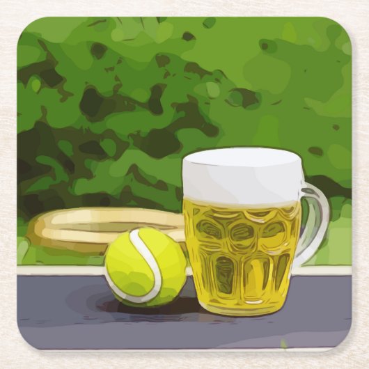 Tennisbal en glas bier waterverf op groen kartonnen onderzetters (Voorkant)