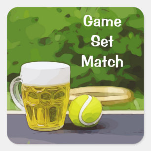 Tennisbal en glas van bier spel set match vierkante sticker
