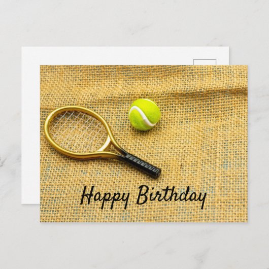 Tennisbal en racket gelukkige verjaardag briefkaart (Voorkant / Achterkant)