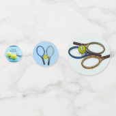 Tennisbal en racket Happy Birthday blauw Confetti (Achterkanten)