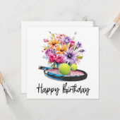 Tennisbal en racket met bloemen voor verjaardag kaart (Voorkant / Achterkant in situ)