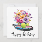 Tennisbal en racket met bloemen voor verjaardag kaart (Voorkant)