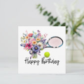 Tennisbal en racket met bloemen voor verjaardag kaart (Staand voorkant)