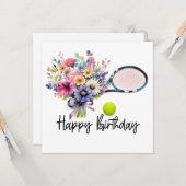 Tennisbal en racket met bloemen voor verjaardag kaart (Voorkant / Achterkant in situ)