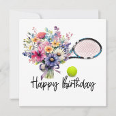 Tennisbal en racket met bloemen voor verjaardag kaart (Voorkant)