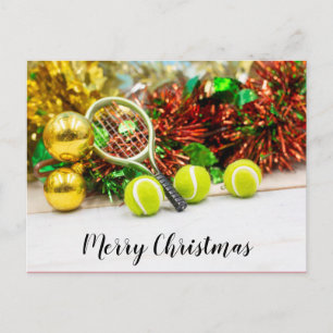 Tennisbal en racket met kerstversiering briefkaart
