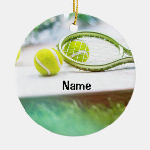 Tennisbal en racket met kerstversiering keramisch ornament